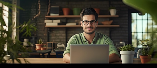 Uomo libero professionista felice che gode del lavoro a distanza e del lavoro autonomo che sorride alla macchina fotografica