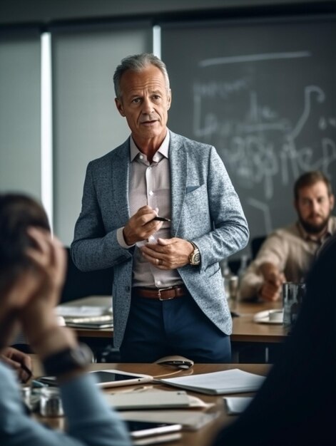 Uomo manager uomini d'affari riunione aziendale gruppo lavoro di squadra persona capo ufficio attività generativa AI