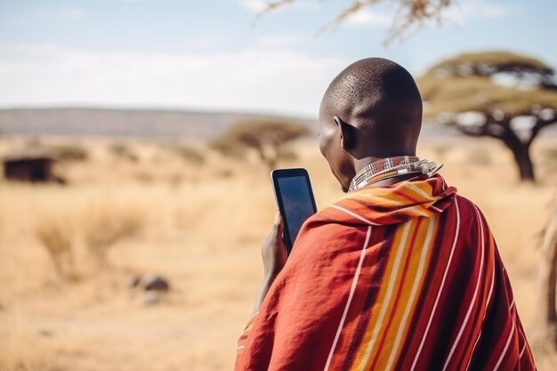 Uomo Masai in shuka rossa che manda SMS al telefono nella savana africana