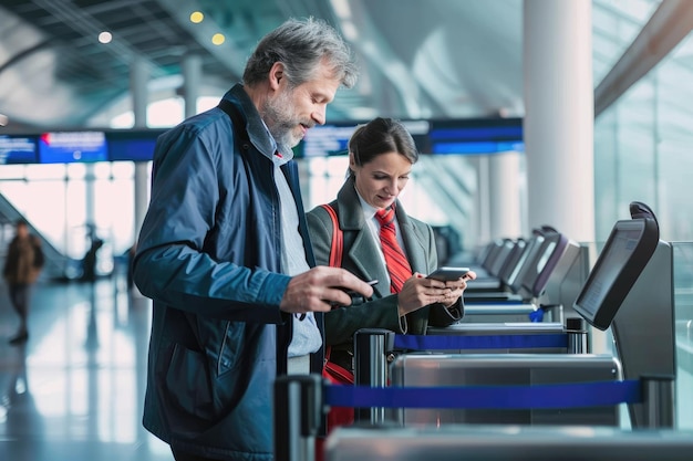 Uomo maturo a bordo che scansiona il suo biglietto sullo smartphone all'aeroporto