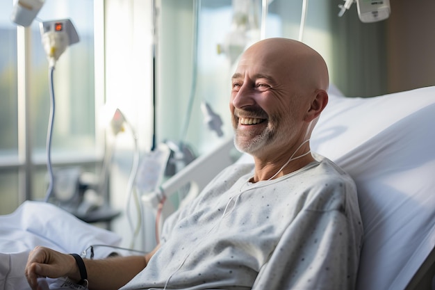 Uomo maturo calvo che sorride nel letto dell'ospedale per il cancro