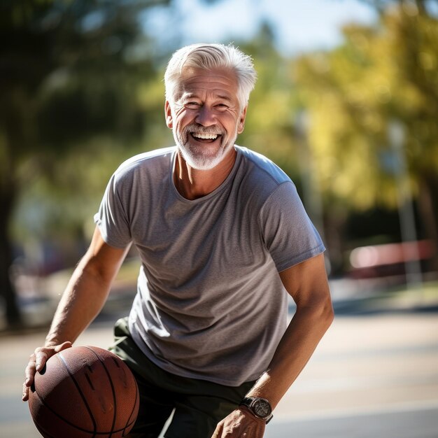 Uomo maturo che gioca a basket con entusiasmo