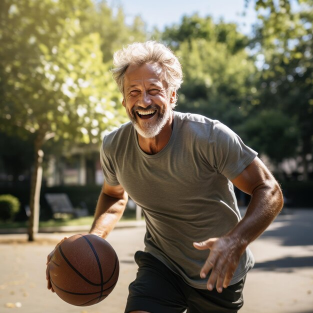 Uomo maturo che gioca a basket con entusiasmo