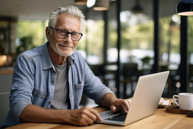 Uomo maturo con computer sorridente IA generativa