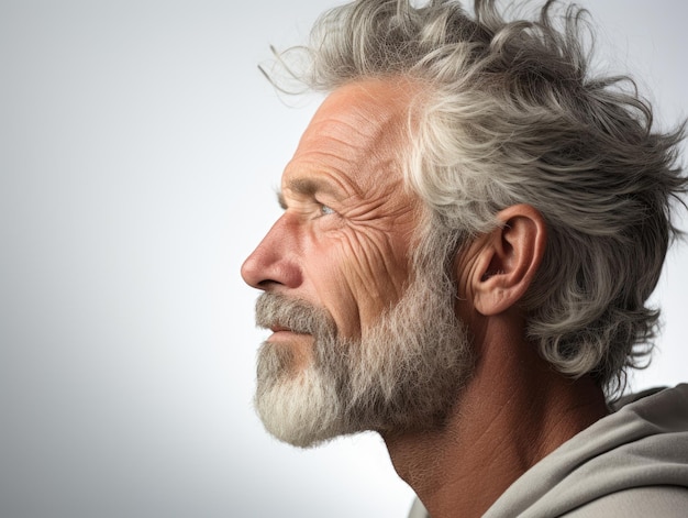 Uomo maturo e serio con capelli grigi e barba in contemplazione