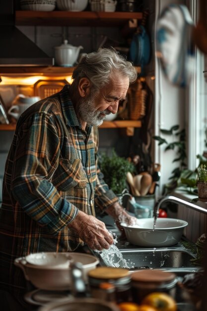 Uomo maturo in grembiule che cucina attentamente sulla stufa circondato da utensili da cucina e ingredienti freschi che cucina a casa