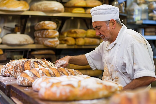 uomo maturo panettiere al forno pane in panetteria luminosa