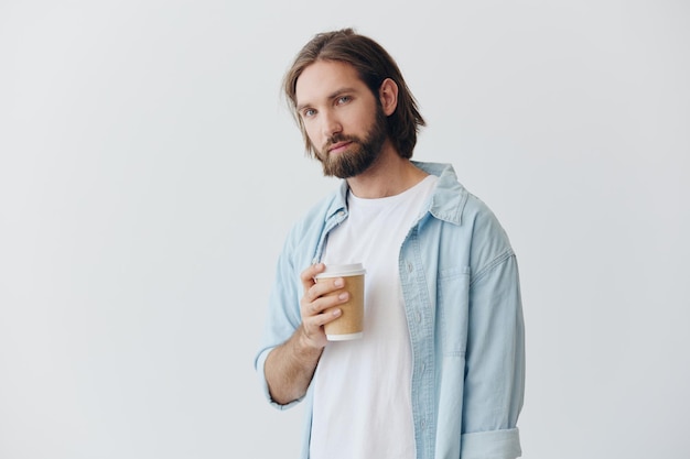 Uomo millenario freelance con la barba che beve caffè da una tazza di granchio in abiti eleganti hipster su sfondo bianco