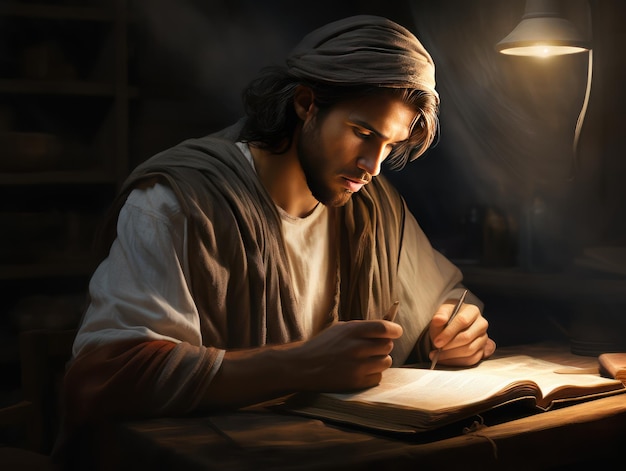 Uomo misterioso che studia la Bibbia da solo nella sua stanza luce mistica