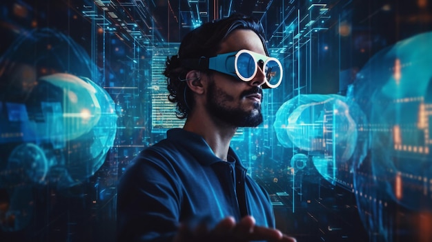 Uomo moderno che indossa occhiali vr schermo virtuale