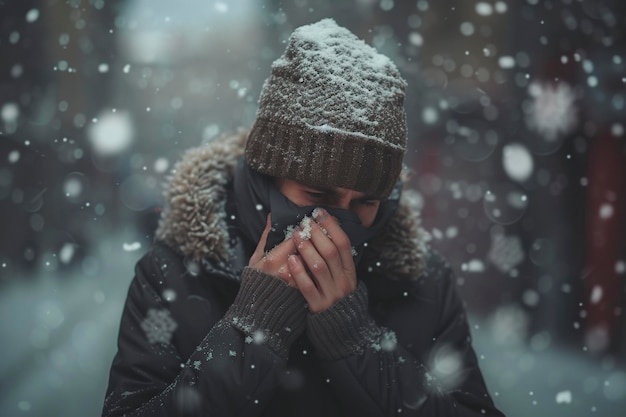 uomo molto freddo sotto la neve vestito con abiti da inverno strofinandosi le mani