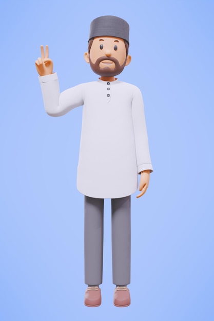 Uomo musulmano 3D saluto saluto puntando e tenendo il telefono mentre sorride con sfondo blu