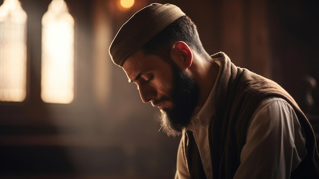 Uomo musulmano che prega in chiesa al tramonto connessione spirituale con il concetto di religione di Dio