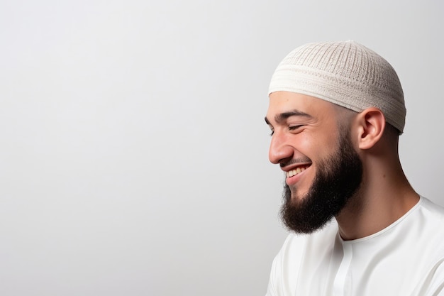 Uomo musulmano con la barba che indossa un kufi bianco