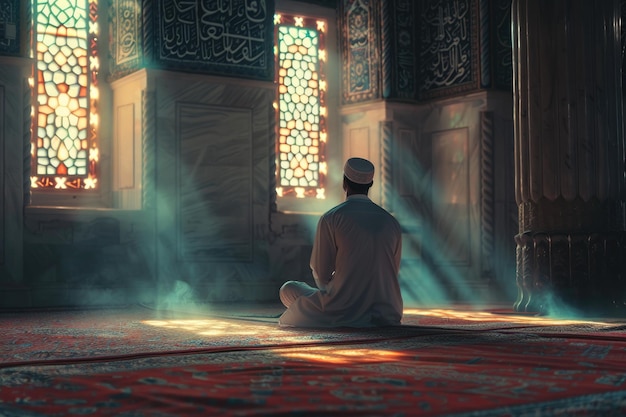 Uomo musulmano devoto che prega in moschea