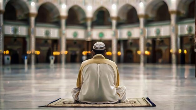 Uomo musulmano religioso che prega all'interno della moschea