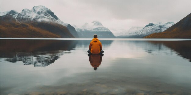 Uomo natura viaggio schiena gialla escursioni in montagna acqua alpi lago capo IA generativa