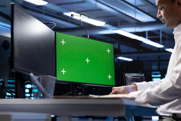 Uomo nel data center che usa un computer a schermo verde per controllare le prestazioni del server