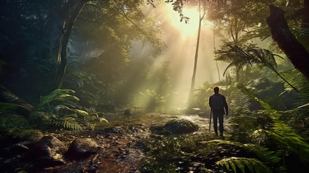 Uomo nel paesaggio della foresta pluviale con alberi e nebbia al mattino AI generativa