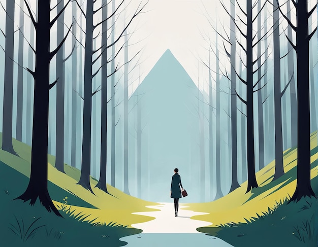 uomo nella foresta con alberi e sentiero nella foresta con alberi e sentiero che cammina attraverso la foresta vettore