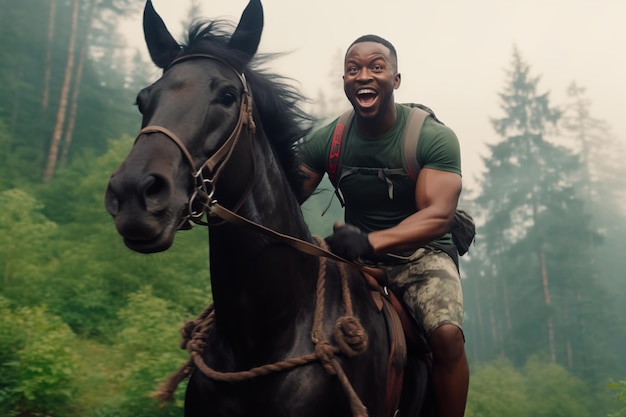 Uomo nero a cavallo Concetto di salute e fitness