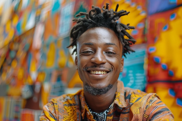 uomo nero africano sorridente con dreadlocks in camicia colorata su sfondo luminoso umore allegro