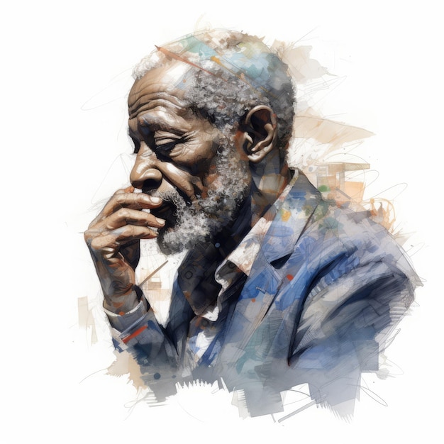 Uomo nero anziano nel pensiero e dubbi illustrazione dell'acquerello Personaggio maschile con volto sognante su sfondo astratto Poster acquerello generato ai