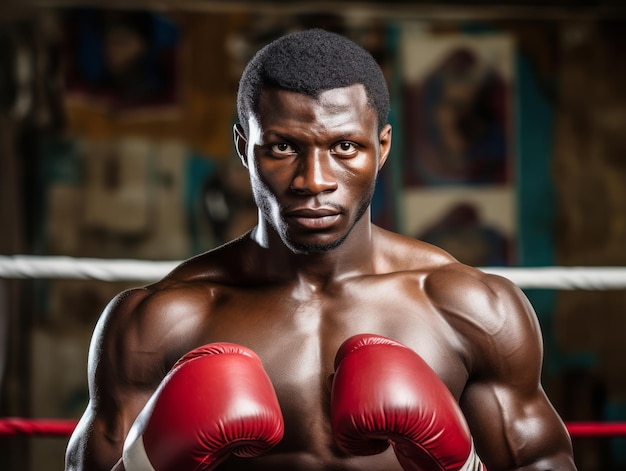 Uomo nero con guanti da boxe su un anello Concetto di allenamento sportivo Ai illustrazione generativa