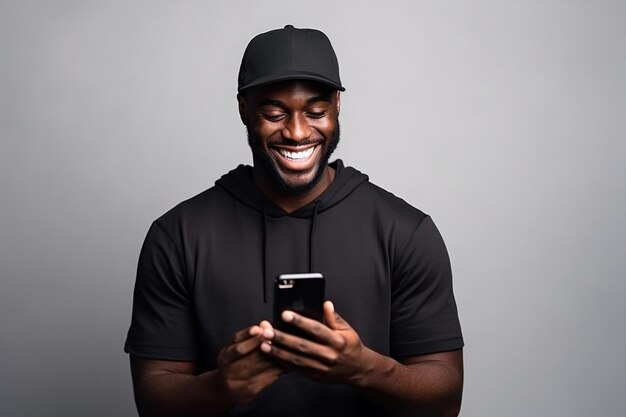 Uomo nero con il telefono sullo sfondo dello studio