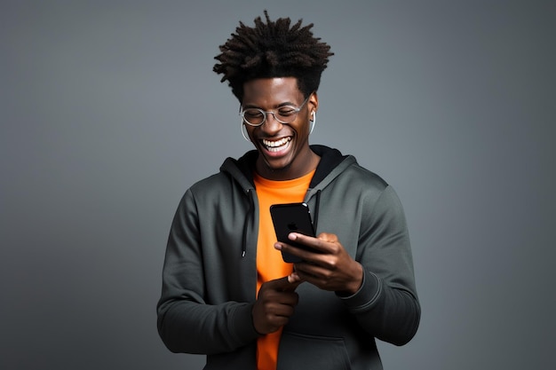 Uomo nero con il telefono sullo sfondo dello studio