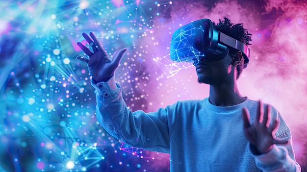 uomo nero con un auricolare VR che esplora il mondo del metaverso toccando soggetti di realtà virtuale e con lo spazio di copia a sinistra che mostra l'esperienza futuristica e coinvolgente della realtà virtuale