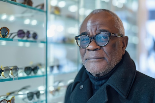 Uomo nero di mezza età in un negozio di ottica che si mette degli occhiali nuovi