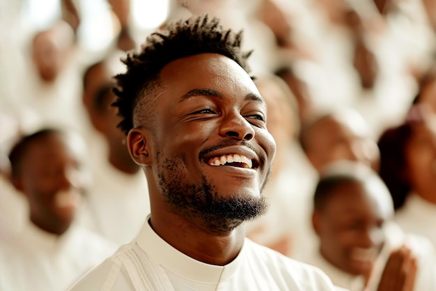 uomo nero felice primo piano contro di persone in chiesa coro in abiti festivi bianchi lodando Dio