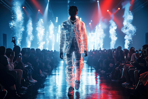 uomo nero modello in un vestito di cellofano trasparente sulla pista di una sfilata di moda settimana futuristica maschile di moda