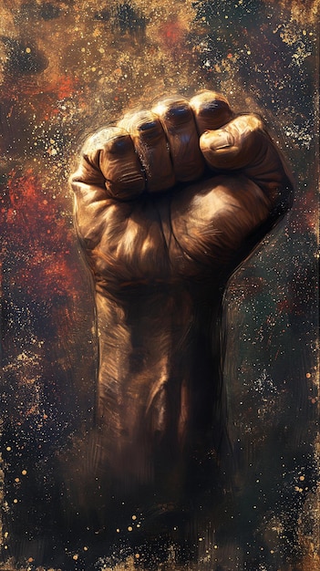 uomo nero Pugno alzato in un atteggiamento di combattimento tenendo la mano in alto