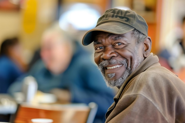 Uomo nero senzatetto sorridente nella sala da pranzo accogliente