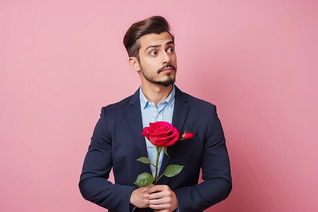 Uomo nervoso che aspetta il suo appuntamento il giorno di San Valentino con una rosa rossa in mano e con l'aspetto confuso di lato