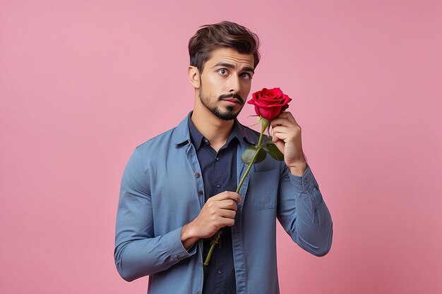 Uomo nervoso che aspetta il suo appuntamento il giorno di San Valentino con una rosa rossa in mano e con l'aspetto confuso di lato