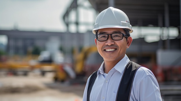 Uomo o architetto bello dell'ingegnere asiatico che guarda avanti con il casco di sicurezza bianco nella costruzione