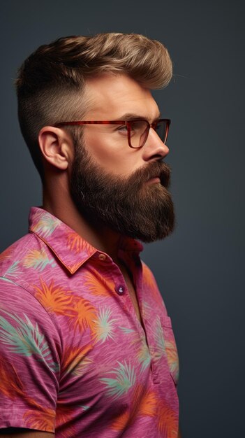 Uomo occidentale con la barba spessa che indossa occhiali camicia colorata