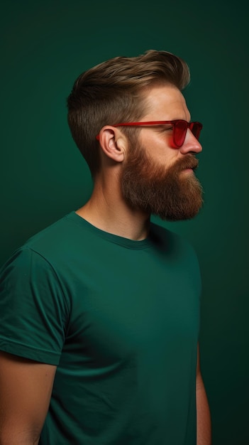 Uomo occidentale con la barba spessa che indossa una maglietta con gli occhiali