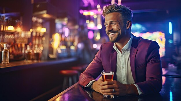 Uomo occidentale seduto nel bar notturno