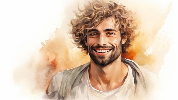 Uomo persiano adulto sorridente con capelli ricci biondi Illustrazione ad acquerello Ritratto di persona informale su sfondo bianco con spazio di copia Illustrazione orizzontale generata da Ai fotorealistica