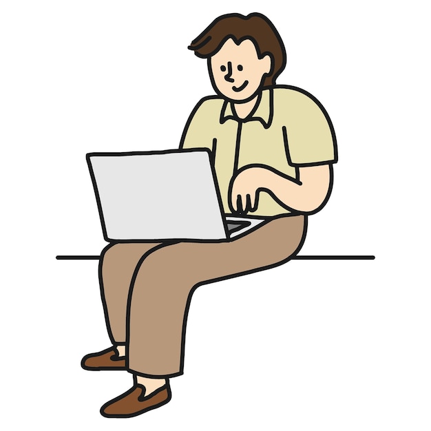 Uomo Png che usa un laptop con adesivi, un personaggio di cartone animato scarabocchiato su uno sfondo trasparente