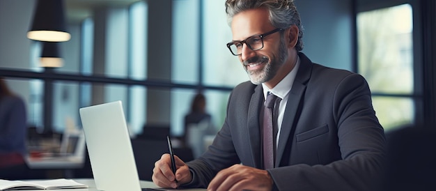 Uomo professionale sorridente che lavora in un ufficio moderno