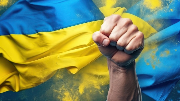 Uomo pugno con bandiera di colore giallo e blu per l'Ucraina come sfondo forte impatto emotivo simbolo di libertà e lotta per la libertà