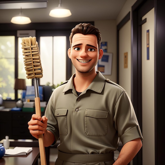 Uomo pulitore in uniforme con una scopa e un sorriso