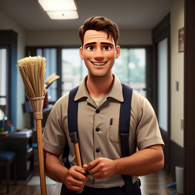 Uomo pulitore in uniforme con una scopa e un sorriso