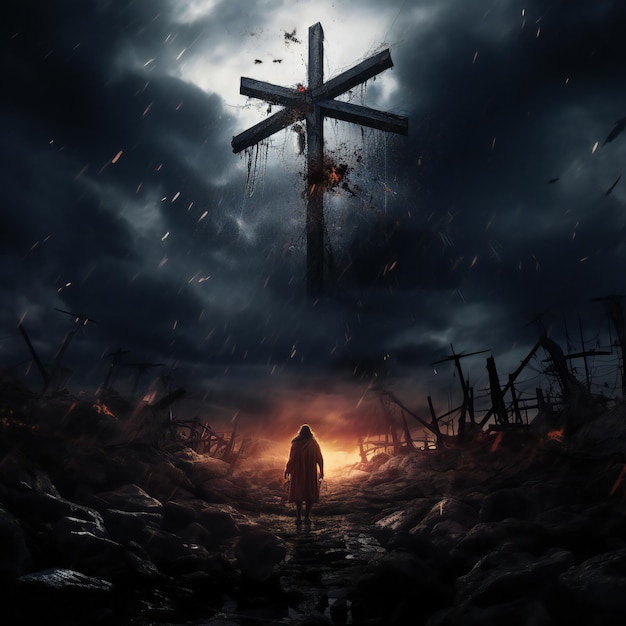 Uomo raccapricciante con una croce sullo sfondo scuro di Halloween