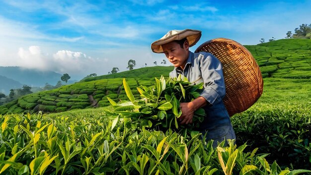 Uomo raccoglie foglie di tè verde fresche nel campo di tè delle Highlands a Chiang Mai, in Thailandia